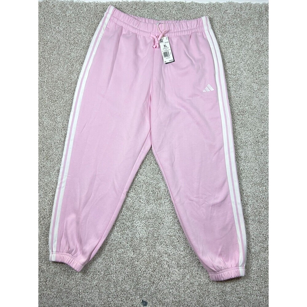 Adidas 3 Stripe Fleece Jogger Pants XL Pink White Cotton Blend NWT